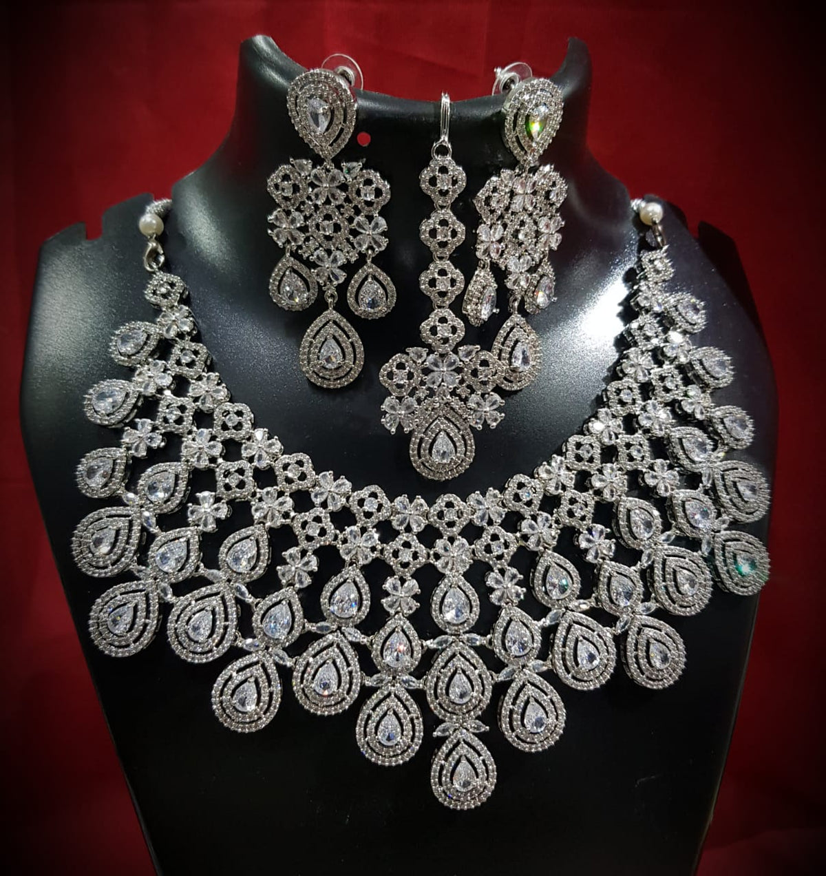 Multilayer Floral American Diamond Choker Jewellery Set, AD Earrings Set, AD Maangtika, CZ Choker Earrings Mangtika Set, Celebrity AD Jewelry, CZ Wedding Choker Set, Indian AD Jewellery