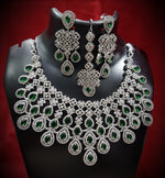 Multilayer Floral American Diamond Choker Jewellery Set, AD Earrings Set, AD Maangtika, CZ Choker Earrings Mangtika Set, Celebrity AD Jewelry, CZ Wedding Choker Set, Indian AD Jewellery