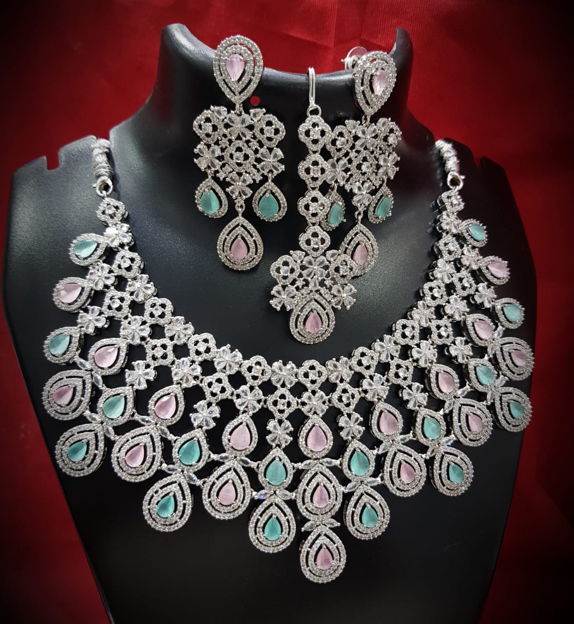 Multilayer Floral American Diamond Choker Jewellery Set, AD Earrings Set, AD Maangtika, CZ Choker Earrings Mangtika Set, Celebrity AD Jewelry, CZ Wedding Choker Set, Indian AD Jewellery