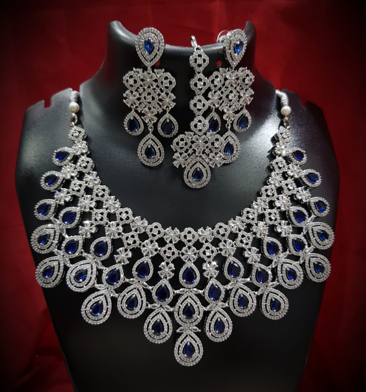 Multilayer Floral American Diamond Choker Jewellery Set, AD Earrings Set, AD Maangtika, CZ Choker Earrings Mangtika Set, Celebrity AD Jewelry, CZ Wedding Choker Set, Indian AD Jewellery
