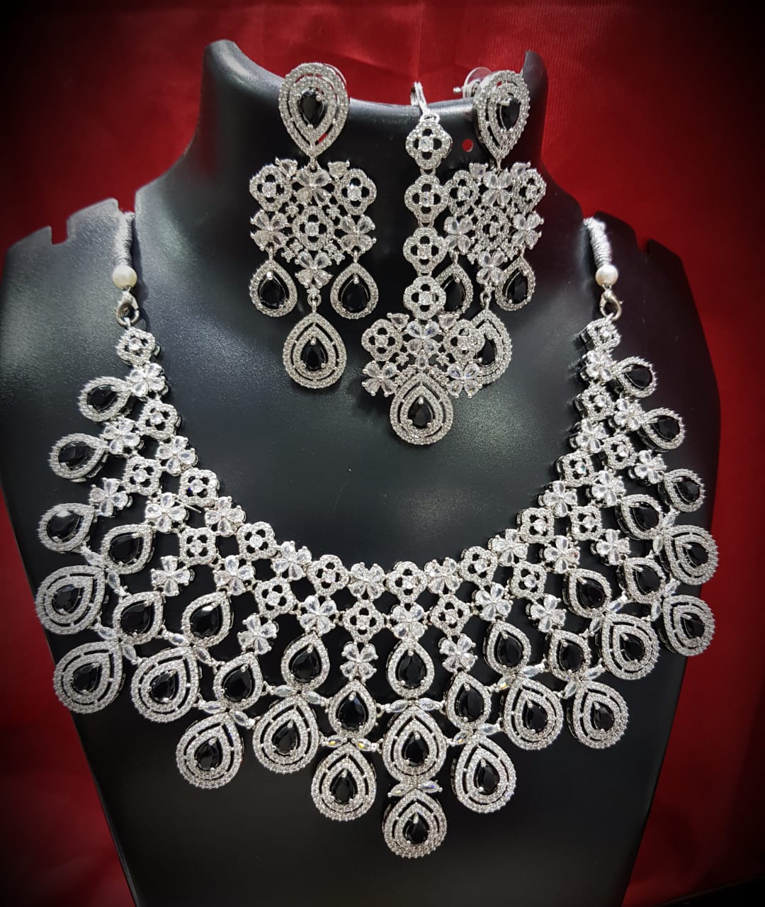 Multilayer Floral American Diamond Choker Jewellery Set, AD Earrings Set, AD Maangtika, CZ Choker Earrings Mangtika Set, Celebrity AD Jewelry, CZ Wedding Choker Set, Indian AD Jewellery