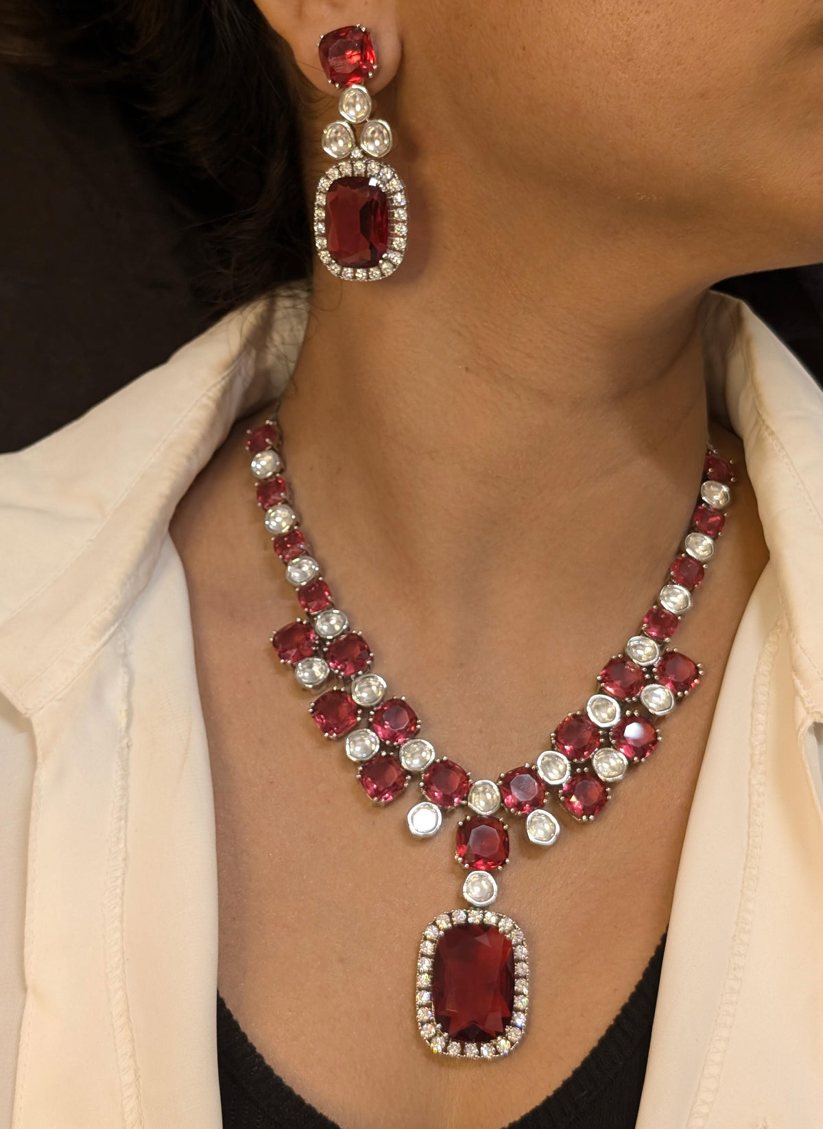 Sparkling Crystals Statement Necklace Jewelry Set, Polki Statement Necklace Set, Wedding Polki Necklace, Indian Jewellery Set, Celebrity Jewelry Set, Bollywood Polki Necklace Set