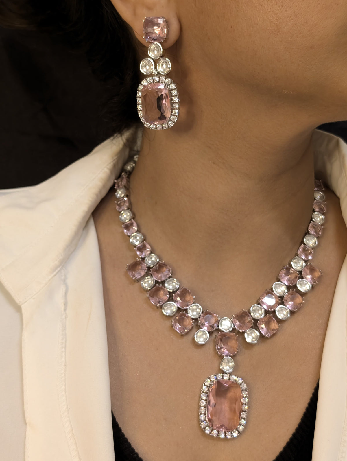 Sparkling Crystals Statement Necklace Jewelry Set, Polki Statement Necklace Set, Wedding Polki Necklace, Indian Jewellery Set, Celebrity Jewelry Set, Bollywood Polki Necklace Set