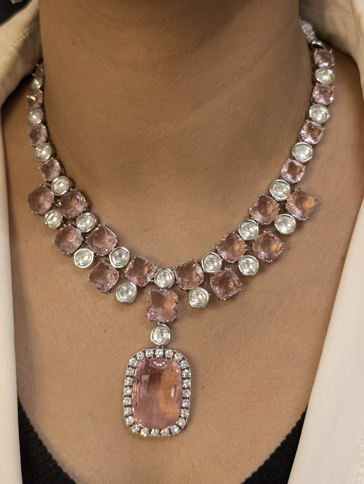 Sparkling Crystals Statement Necklace Jewelry Set, Polki Statement Necklace Set, Wedding Polki Necklace, Indian Jewellery Set, Celebrity Jewelry Set, Bollywood Polki Necklace Set