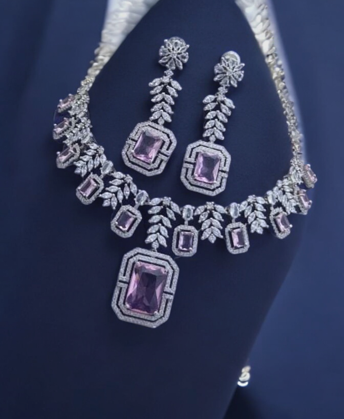 Floral Earrings AD Celebrity Choker Jewellery Set, Celebrity AD Choker Set, Floral CZ Earrings Set, Bolltwood AD Earrings Set, Indian AD Jewellery Set