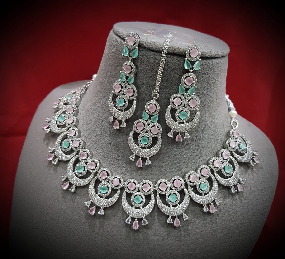 Intricate Circular Luxurious AD Choker Style Necklace Set, Circular CZ Necklace Set, AD Earrings Set, CZ Necklace, Bridal Jewellery