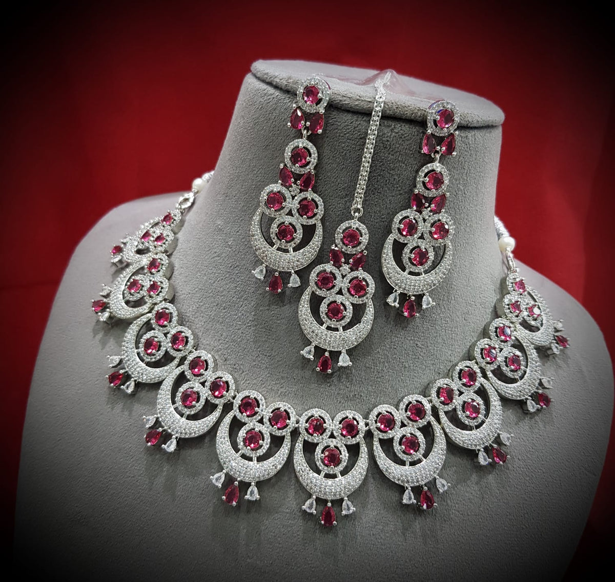 Intricate Circular Luxurious AD Choker Style Necklace Set, Circular CZ Necklace Set, AD Earrings Set, CZ Necklace, Bridal Jewellery