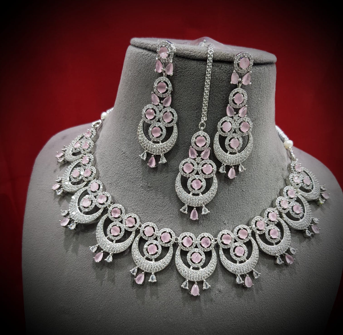 Intricate Circular Luxurious AD Choker Style Necklace Set, Circular CZ Necklace Set, AD Earrings Set, CZ Necklace, Bridal Jewellery