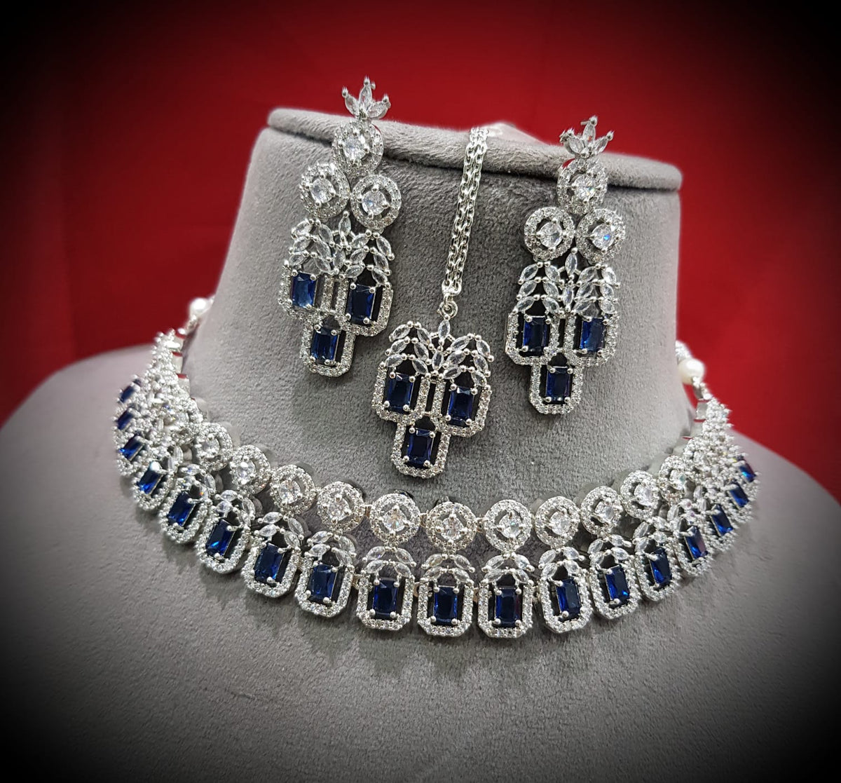 Elegance Bollywood AD Choker Earrings Set, Bollywood CZ Necklace Set, AD Earrings Set, CZ Necklace, Celebrity Jewellery, Pakistani Jewellery