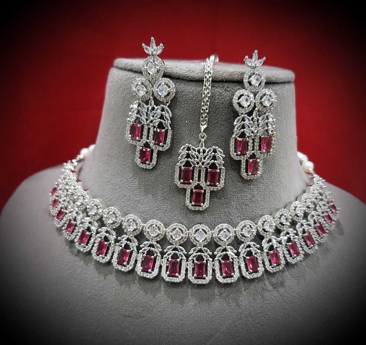 Elegance Bollywood AD Choker Earrings Set, Bollywood CZ Necklace Set, AD Earrings Set, CZ Necklace, Celebrity Jewellery, Pakistani Jewellery