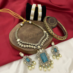 Handcrafted Blue Polki Wedding Necklace Set, Blue Polki Jewelry, Blue Jewellery Set, Handcrafted Jewelry Set, Indian Polki Jewellery