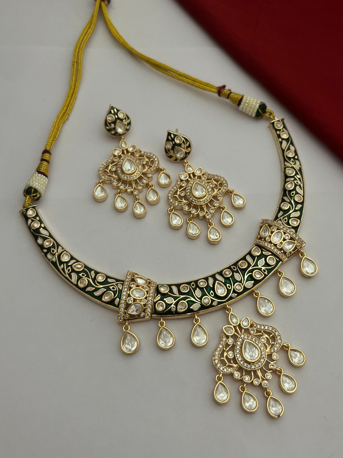 Enamel Drops AD Bridal Choker Floral Earrings Set, AD Wedding Choker Set, Indian Choker Jewelry, Celebrities American Diamond Choker Set, CZ Jewellery