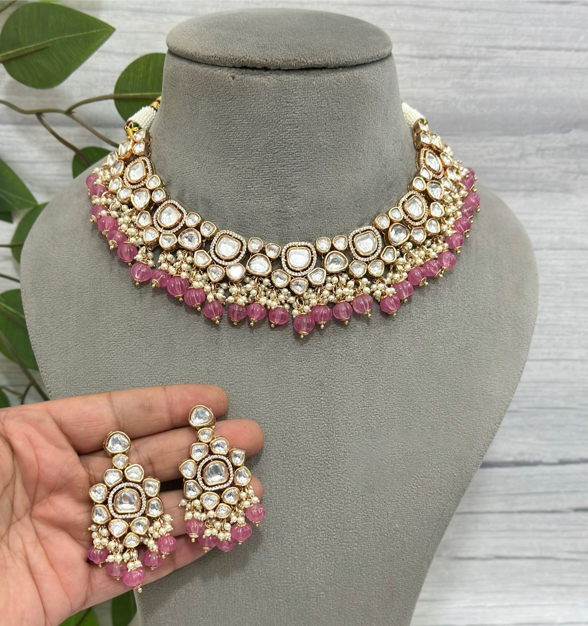 Bollywood Inspired Polki Choker Set, Indian Polki Jewelry Set, Pakistani Polki Jewelry Set, Wedding Jewelry Set
