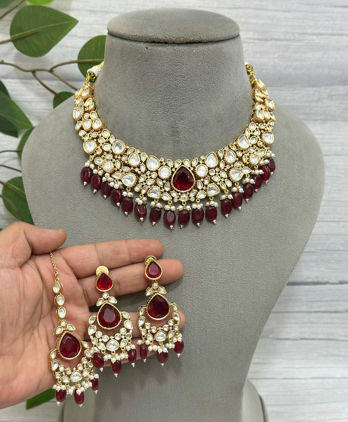 Red Festive Polki Choker Earrings Mangtika Set, Red Polki Jewelry, Indian Ethnic Jewelry, Wedding Choker Set, Celebrity Inspired Jewelry Set