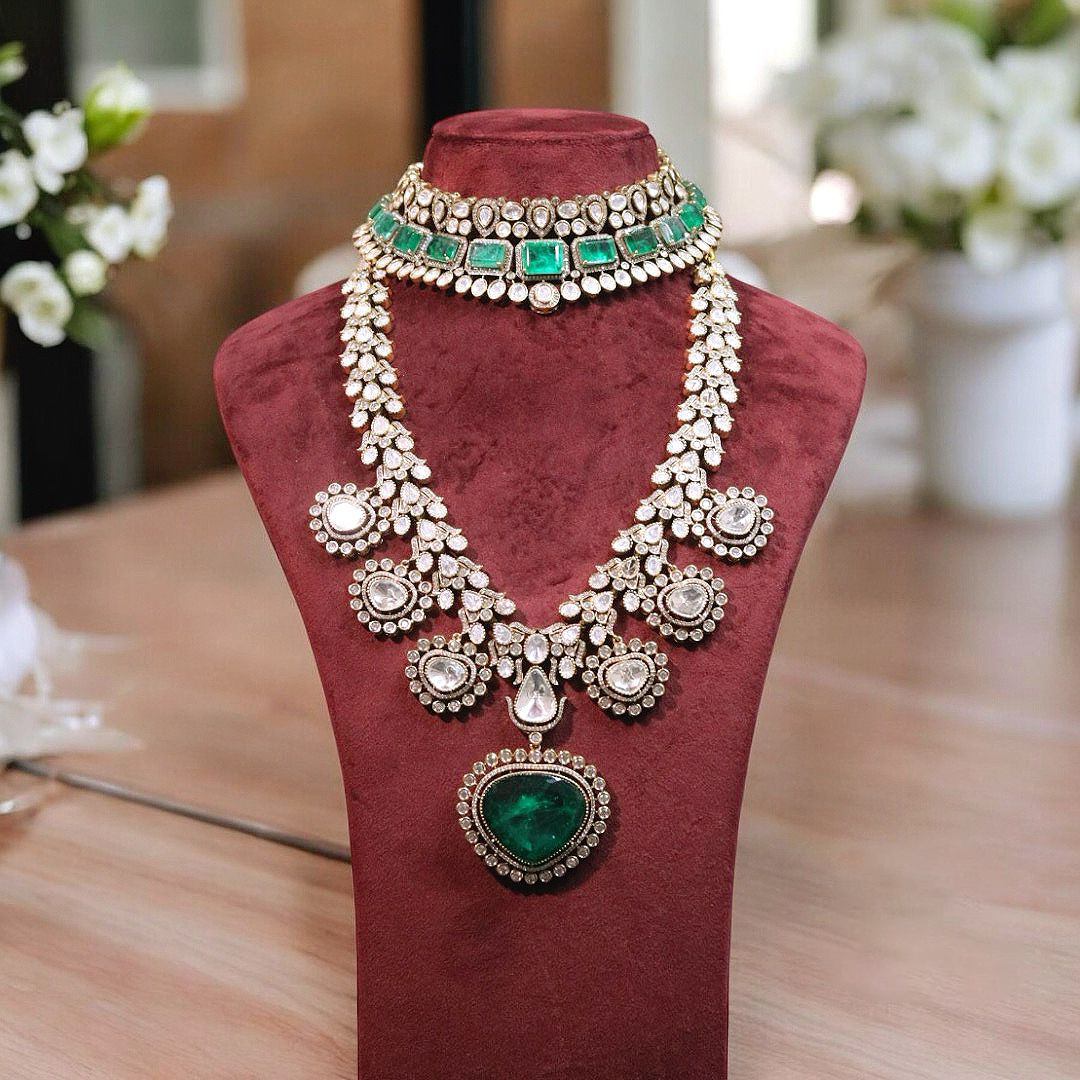 Handmade Polki Necklace Combined Choker Jewelry Set, Polki Necklace Choker Set, Green Polki Jewlry Set, Indian Necklace Combined Choker Set,