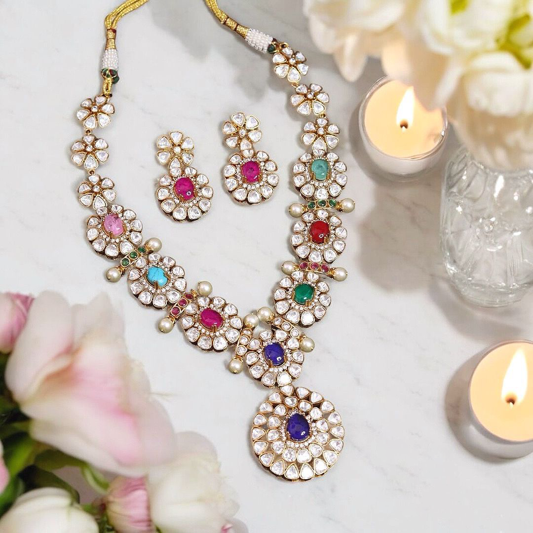 Multicolor Floral Polki Necklace Indian Jewelry Set, Multicolor Polki Jewelry, Pakistani Polki Necklace Set, Bollywood Inspired Floral Necklace Set, Celebrities Polki Floral Jewelry
