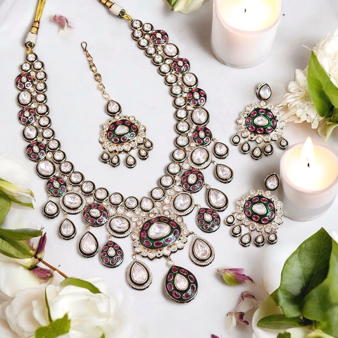 Bollywood Floral Multicolor Polki Necklace Set , Polki Wedding Jewelry, Pakistani Necklace Earrings Mangtika Set
