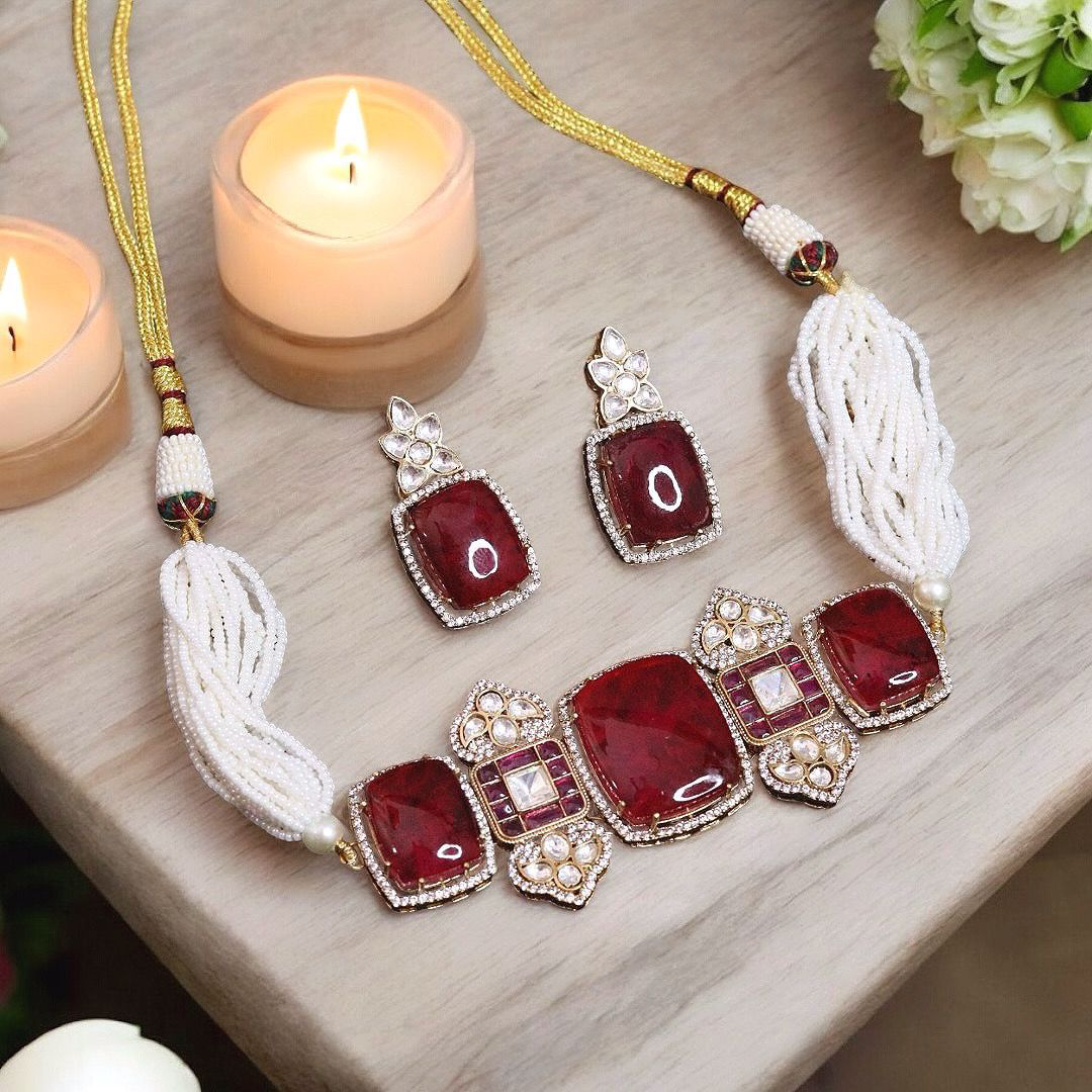Pakistani Polki Floral Stone Choker Earrings Set, Indian Polki Choker Set, Bollywood Choker Set, Wedding Polki Jewelry, Bridal Polki Choker Set