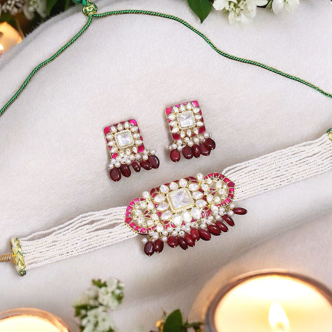 Stone Beaded Accents Polki Choker Set, Beaded Polki Indian Jewelry Set, Celebrity Polki Choker Set, Pakistani Choker Set