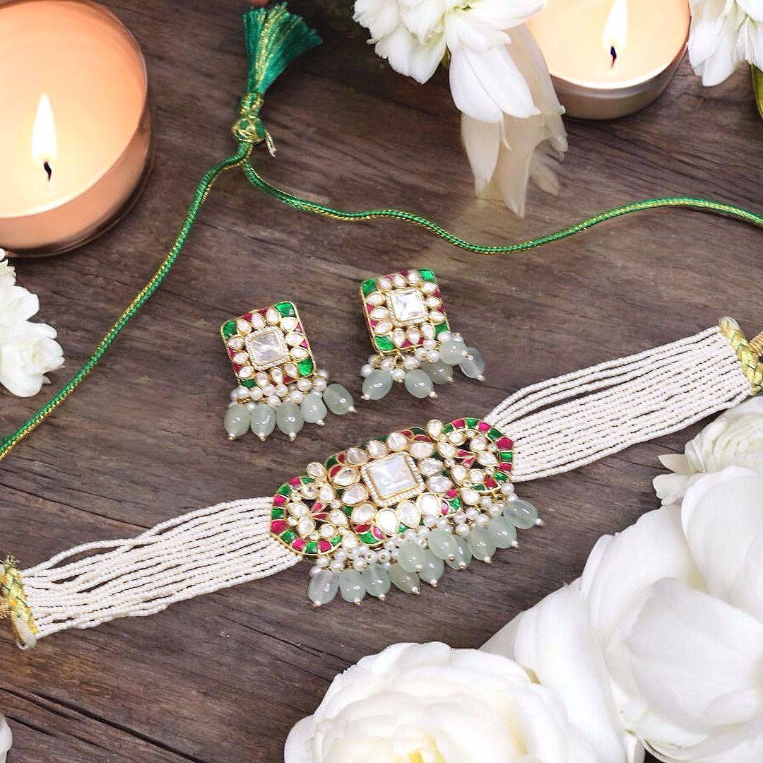 Stone Beaded Accents Polki Choker Set, Beaded Polki Indian Jewelry Set, Celebrity Polki Choker Set, Pakistani Choker Set
