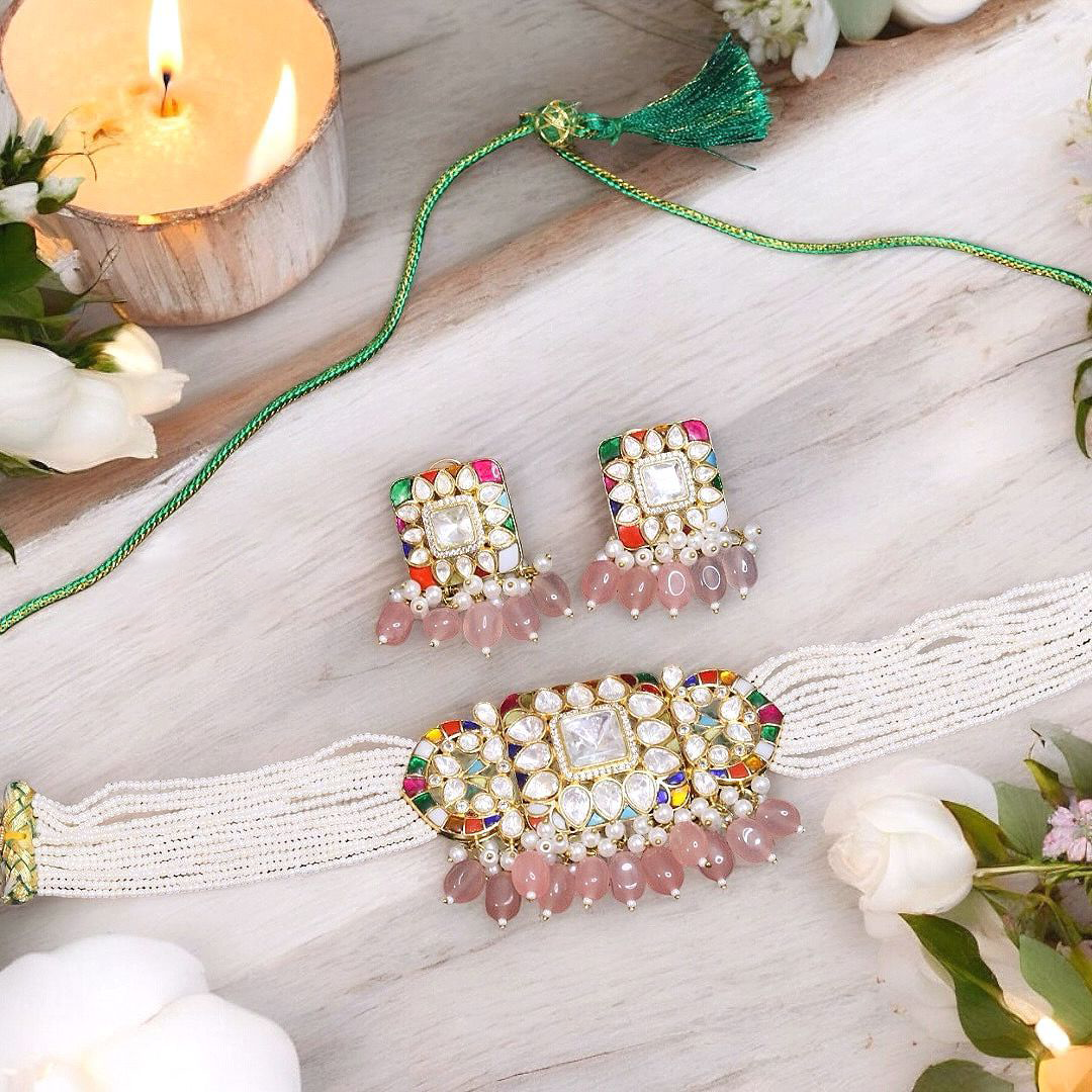 Stone Beaded Accents Polki Choker Set, Beaded Polki Indian Jewelry Set, Celebrity Polki Choker Set, Pakistani Choker Set