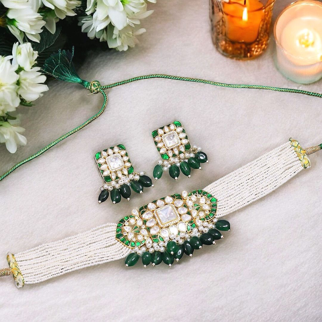 Stone Beaded Accents Polki Choker Set, Beaded Polki Indian Jewelry Set, Celebrity Polki Choker Set, Pakistani Choker Set