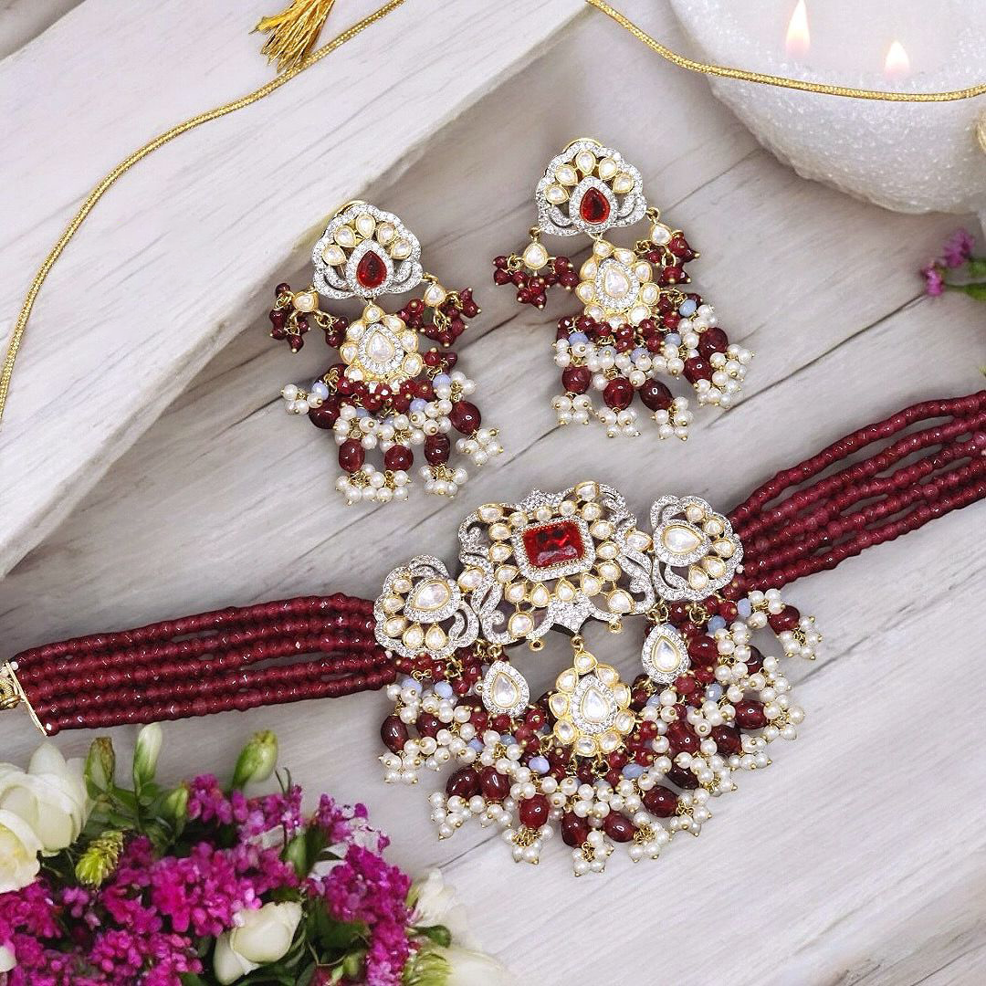 Exquisite Red Floral Polki Choker Earrings Set, Red Polki Indian Jewelry, Handmade Polki Jewelry, Wedding Polki Choker Set, Pakistani Choker