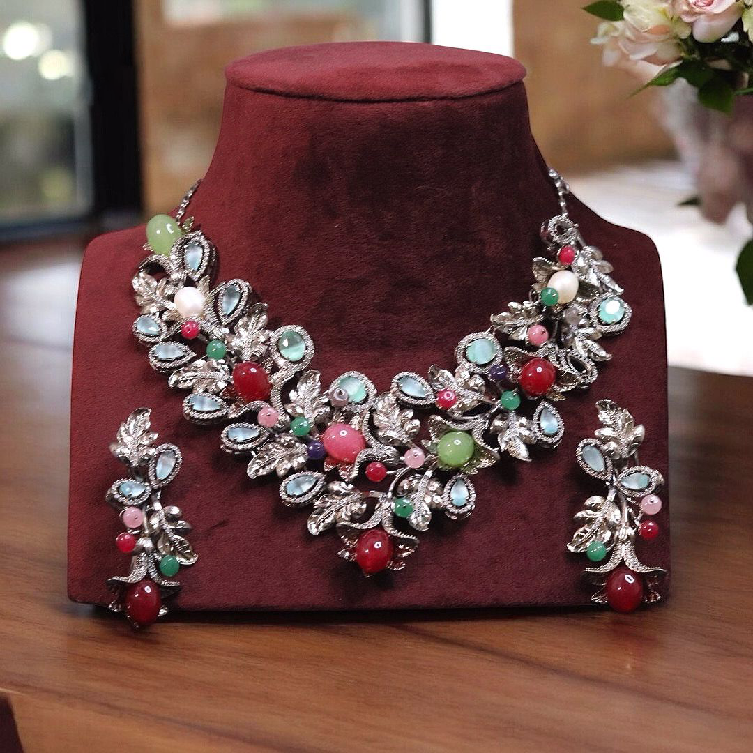 Multicolor Gemstones Bridal Choker Set, Pakistani Floral AD Choker Set, Wedding Indian Polki Choker Set, Bollywood Jewelry Set