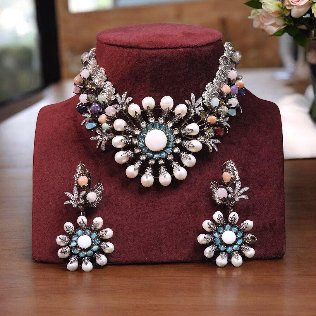 Multicolored Stones Pakistani Necklace Matching Floral Earrings Set, Floral Polki Jewelry, Indian Floral Designed Jewelry Set, Celebrity Inspired Necklace Set, Wedding Jewlery