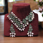 Green Starry Designed Choker Earrings Set, Green Bridal Floral Jewelry Set, Indian Star Inspired Choker Set, Bollywood Star Design Jewelry Set