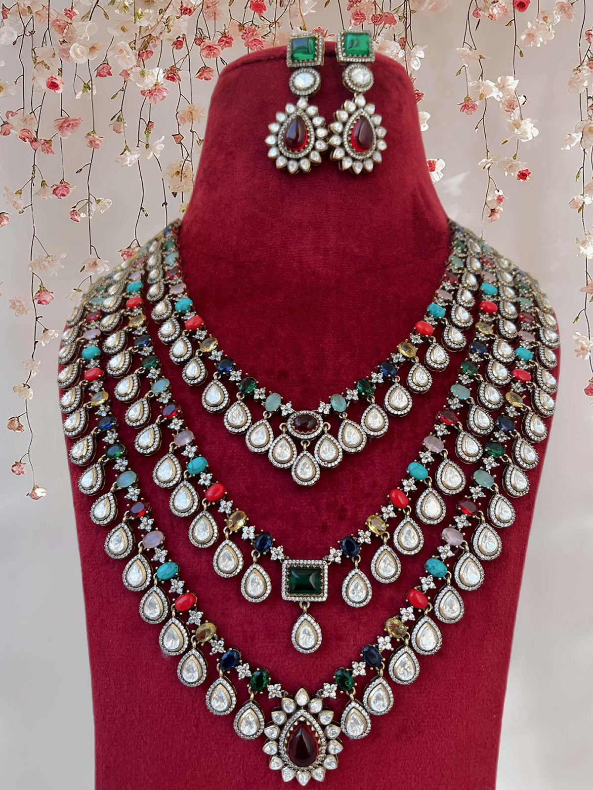 Regal Layered Celebrity Polki Necklace Set, Indian Polki Jewelry Set, Wedding Necklace Set, Paskistani Polki Necklace Set