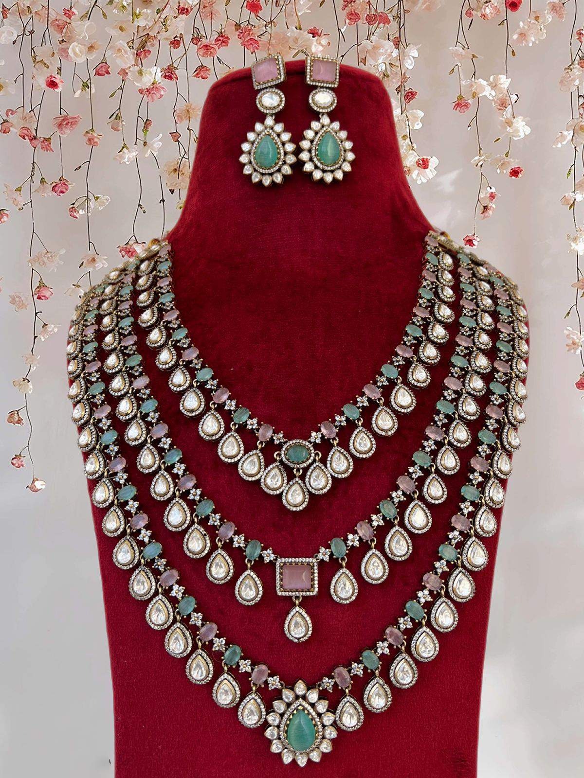 Regal Layered Celebrity Polki Necklace Set, Indian Polki Jewelry Set, Wedding Necklace Set, Paskistani Polki Necklace Set