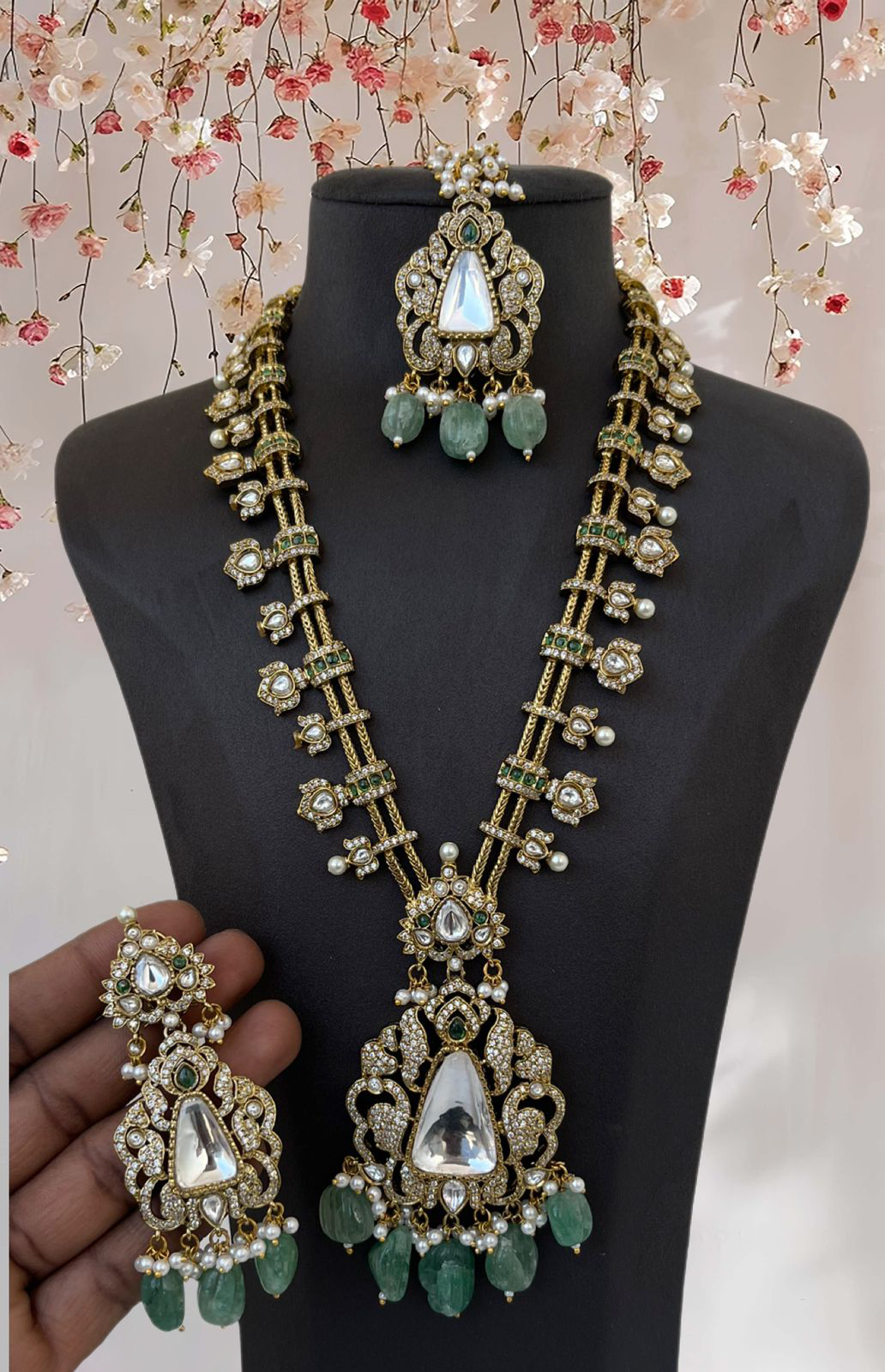 Green Wedding Polki Bridal Necklace Jewelry Set, Rajsthani Polki Jewelry, Indian Bridal Polki Necklacce Earrings Set