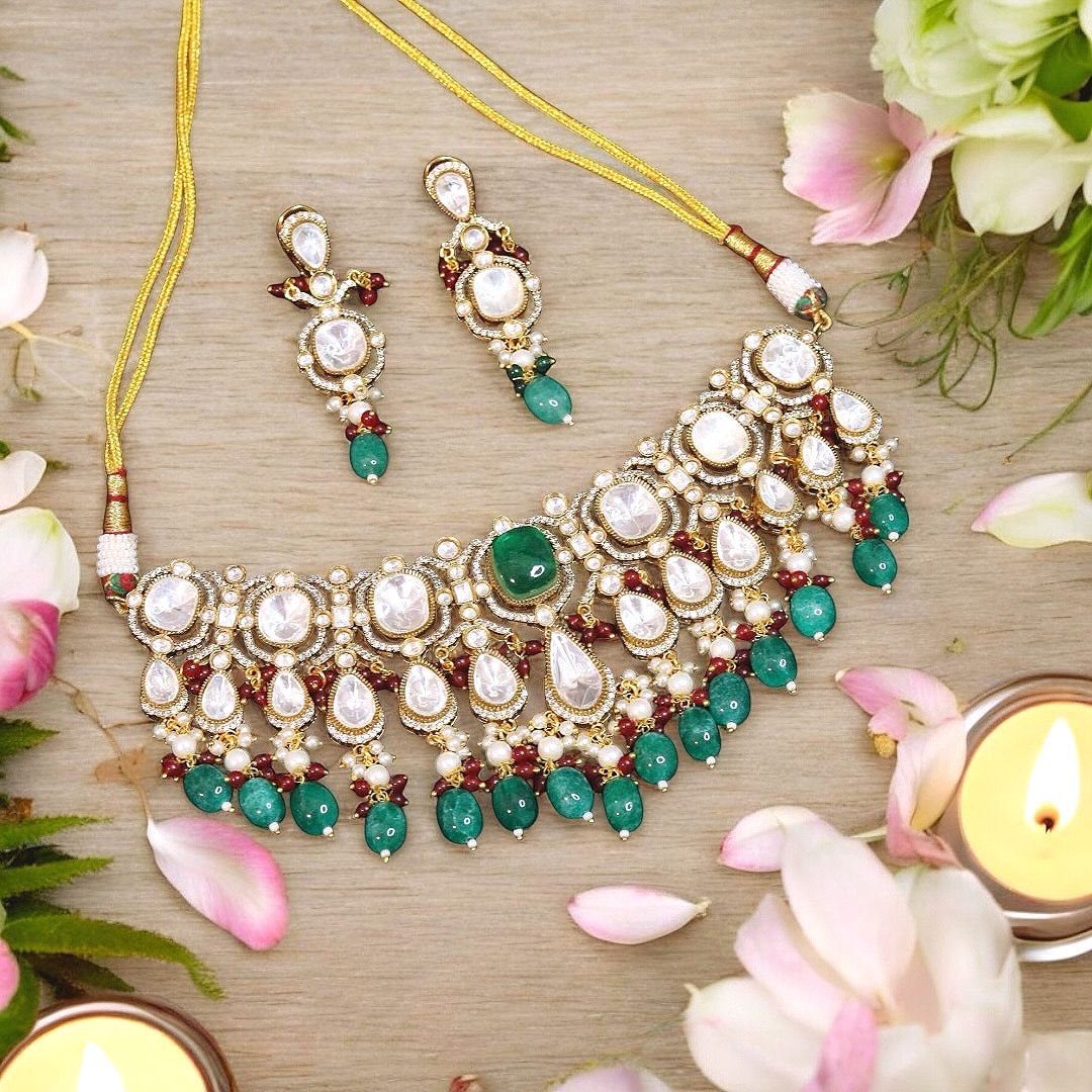 Pakistani Polki Beaded Choker Set, Indian Polki Set, Bollywood Design Polki Jewelry Set, Celebrity Polki Jewelry Set