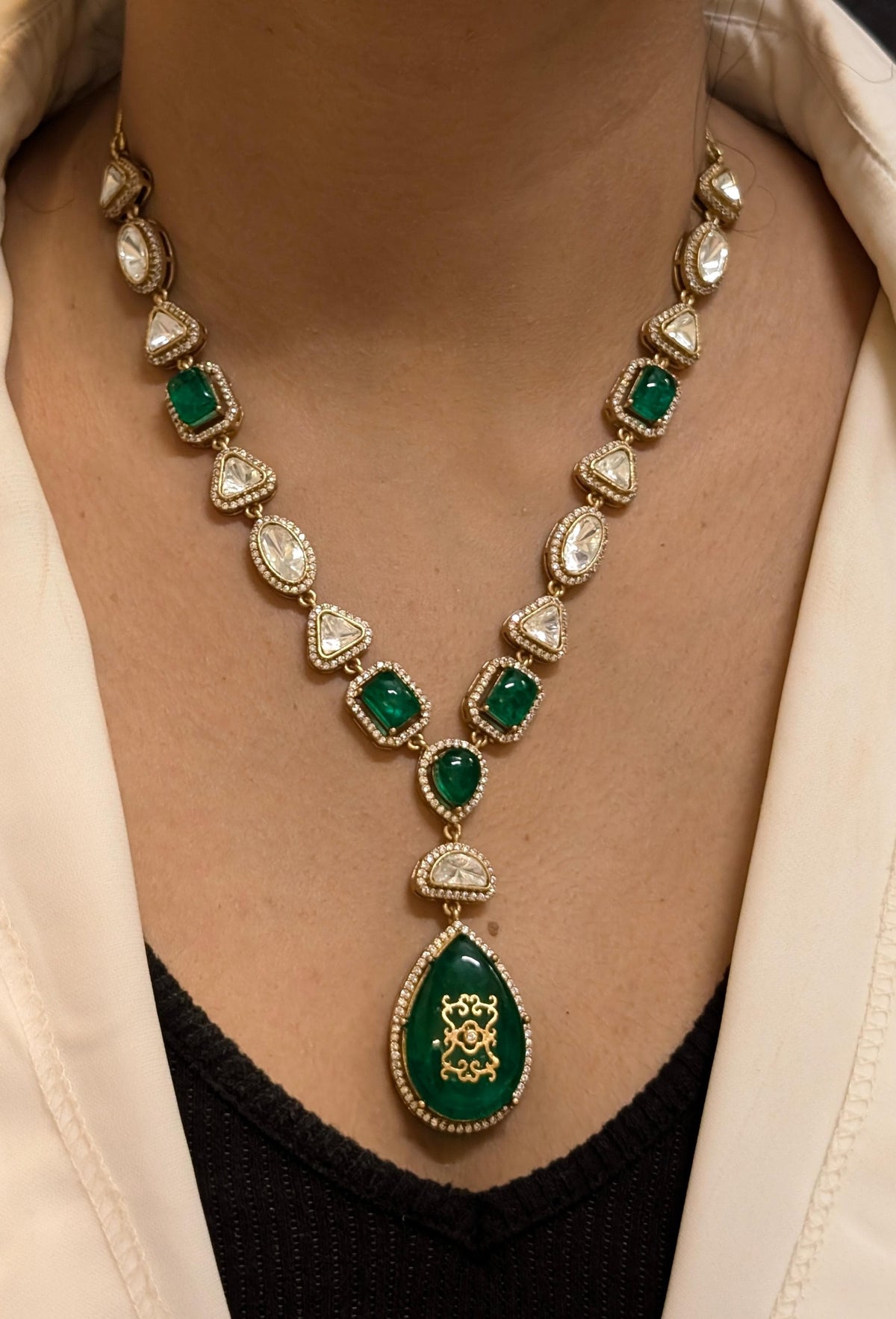 Glamorous Celebrity Statement Polki Necklace Matching Earrings, Celebrities Inspired Polki Necklace Set, Bollywood Designed Polki Jewelry Set