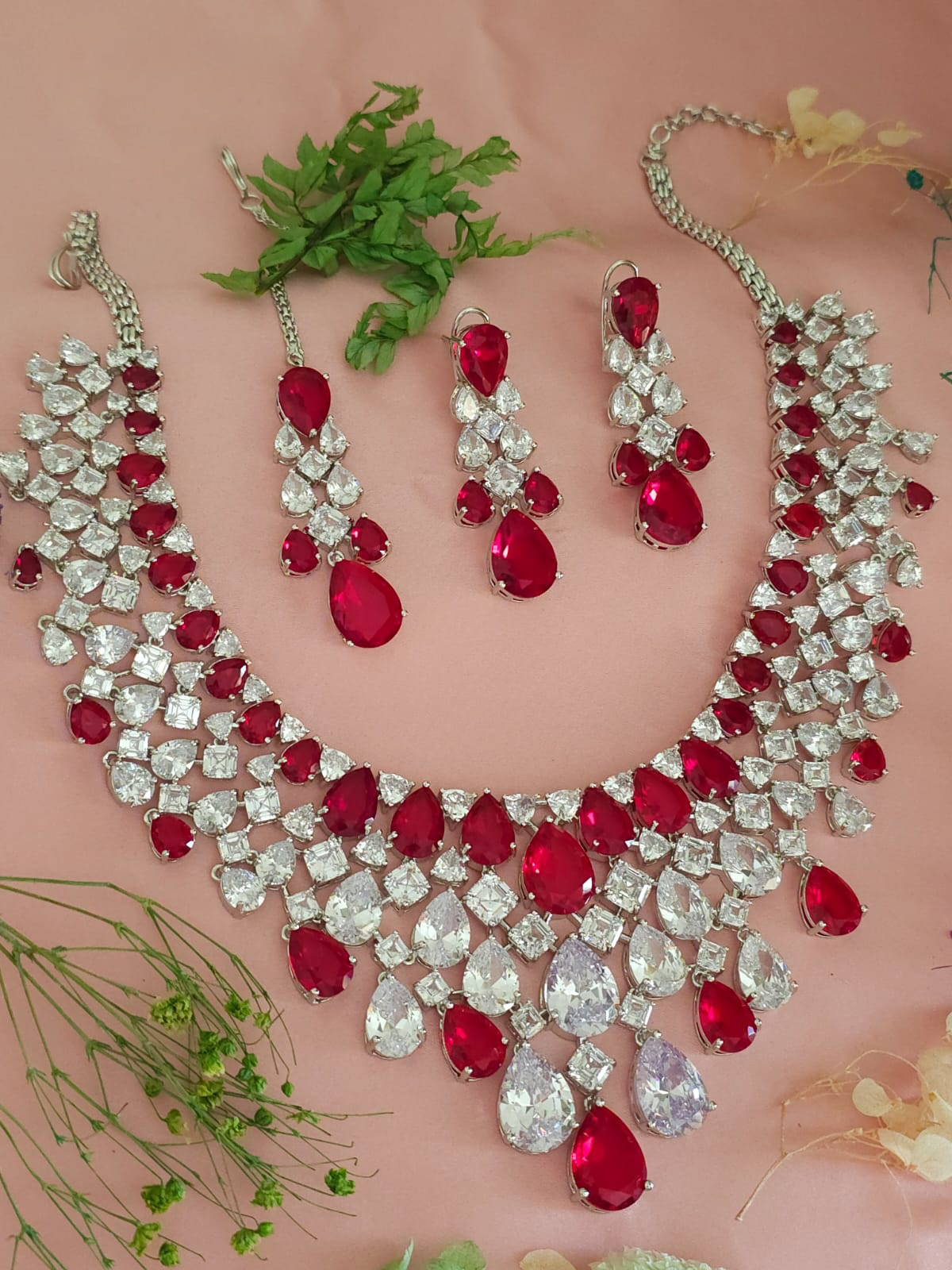 Celebrity Inspired AD Stones Necklace Earrings Maangtika Set, Bollywood Wedding Jewelry, Bollywood Necklace Set, American Diamond Necklace Set, Bollywood Jewelry Set