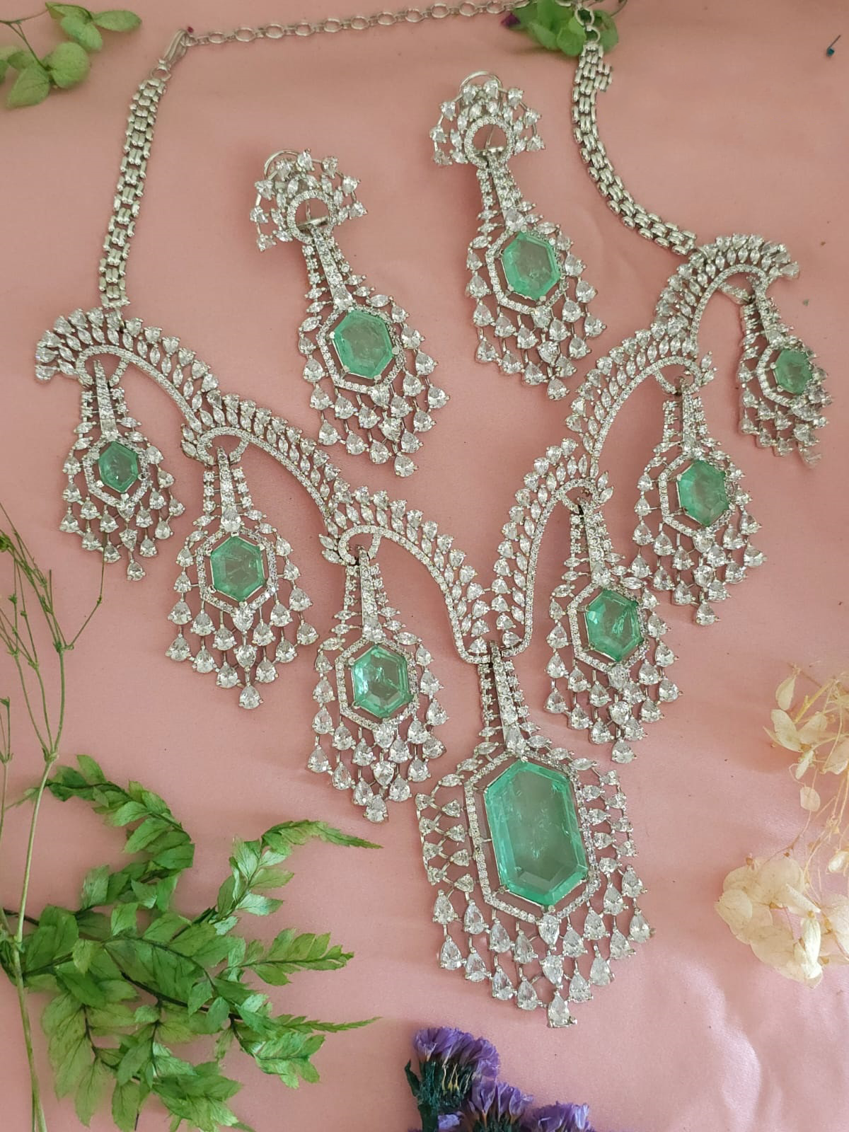 Elegant Mint Polki Stones Indian Necklace Earrings Set, Pakistani Wedding Mint Polki Jewelry Set, Indian Bridal Mint Jewelry