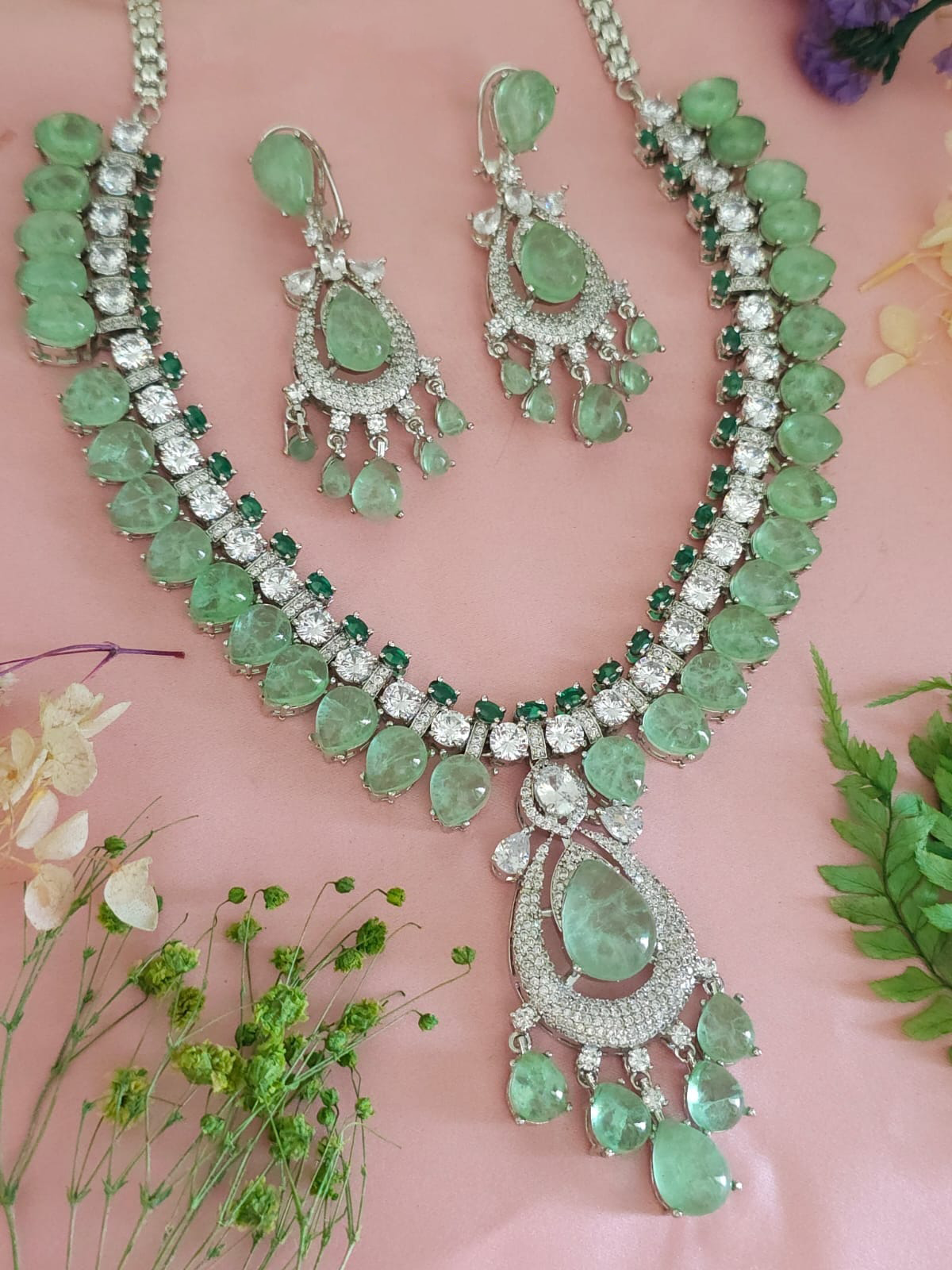 Nargis Fakhri Inspired Mint Polki Necklace Earrings Set, Nargis Fakhri Polki Necklace Set, Nargis Fakhri Jewelry Set, Bollywood Mint Jewelry Set, Celebrity Polki Necklace Set, Nargis Fakhri Designed Jewelry