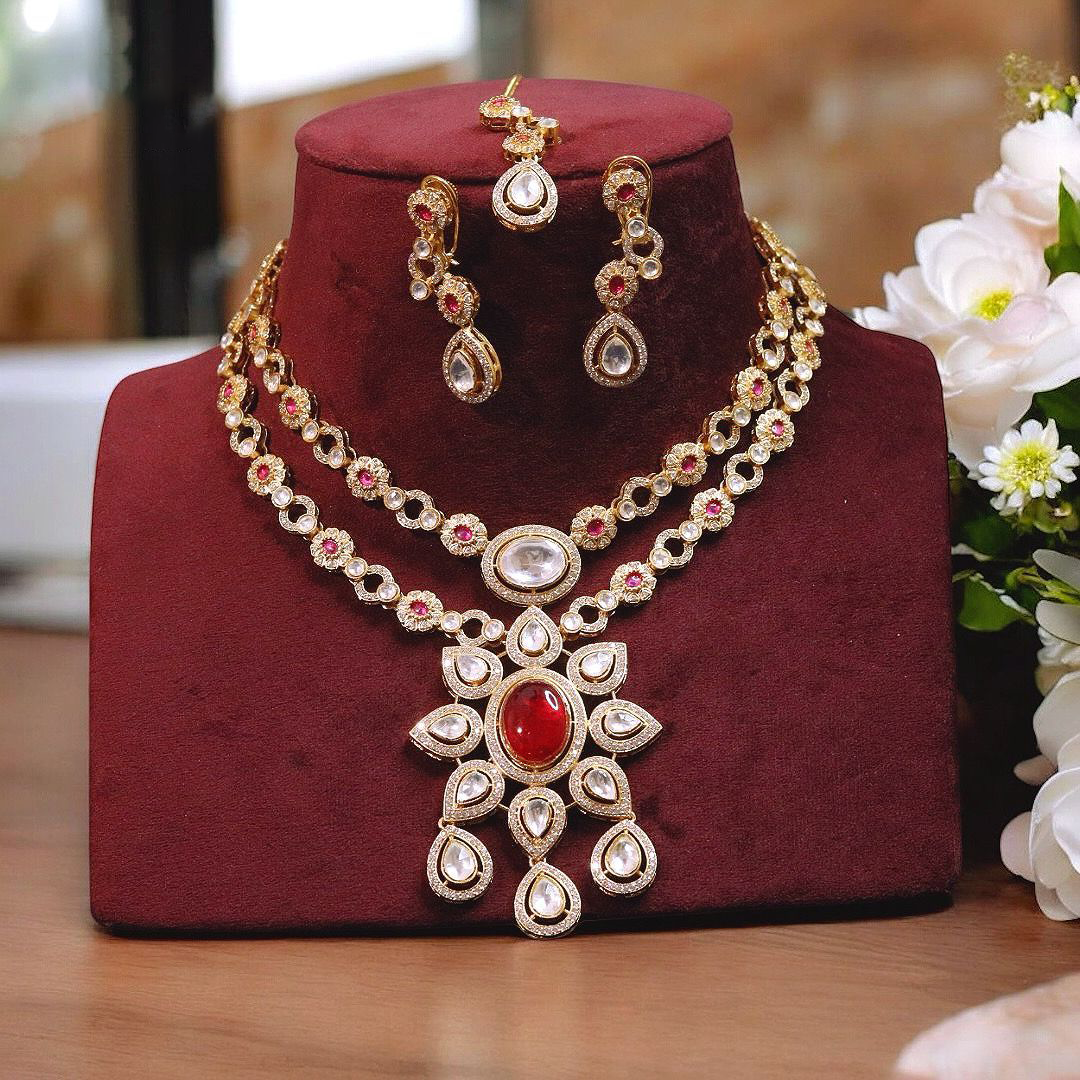 Lotus Design Double Layer Polki Necklace Earrings Set, Lotus Inspired Polki Necklace Set, Double Layer Polki Jewelry Set, Indian Lotus Jewelry Set, Bollywood Polki Layer Jewelry Set, Bridal Pakistani Jewelry Set