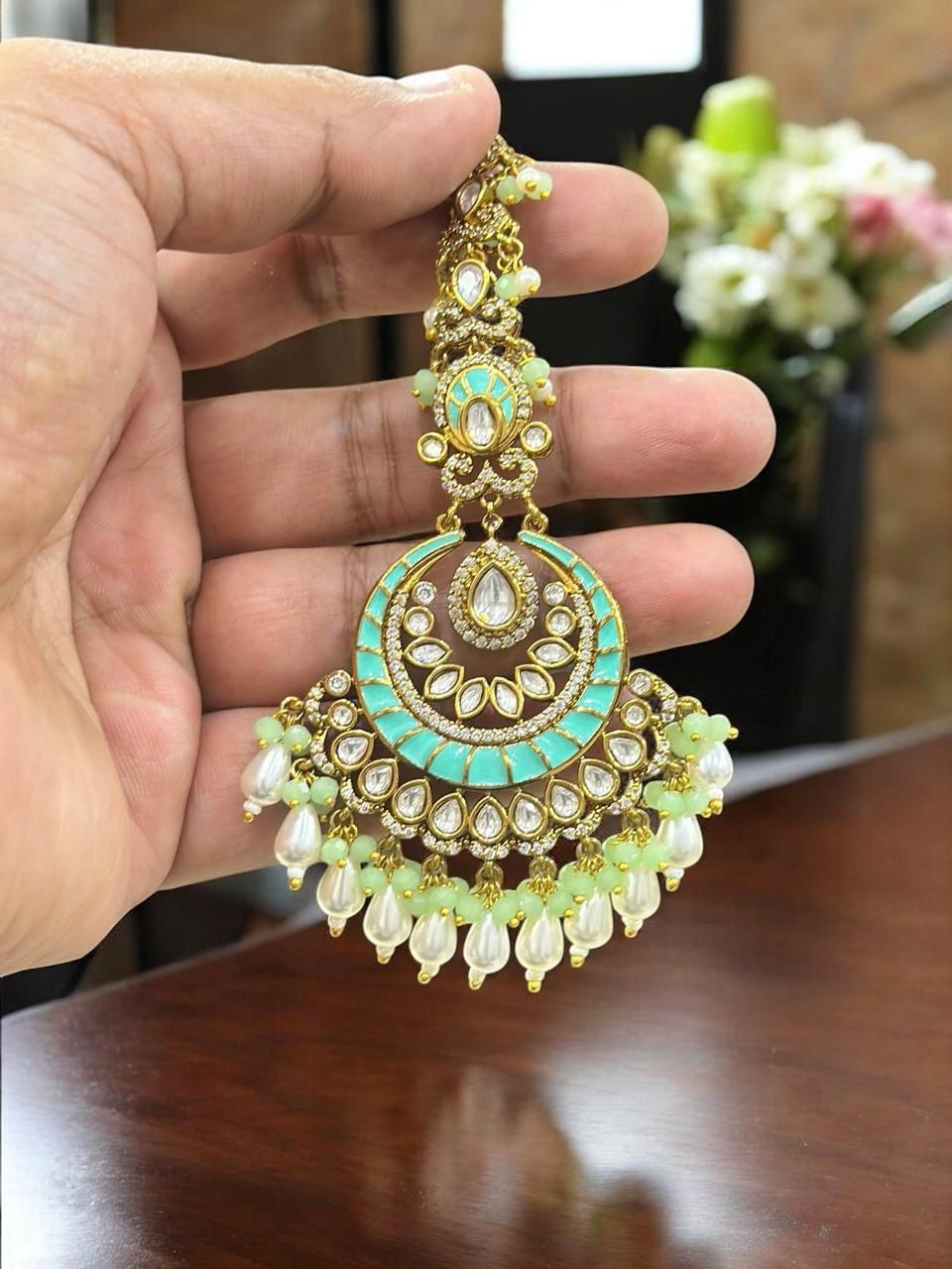 Turquoise & Gold Plated Kundan Maang Tikka with Pearls | Bridal & Festive Hair Jewelry