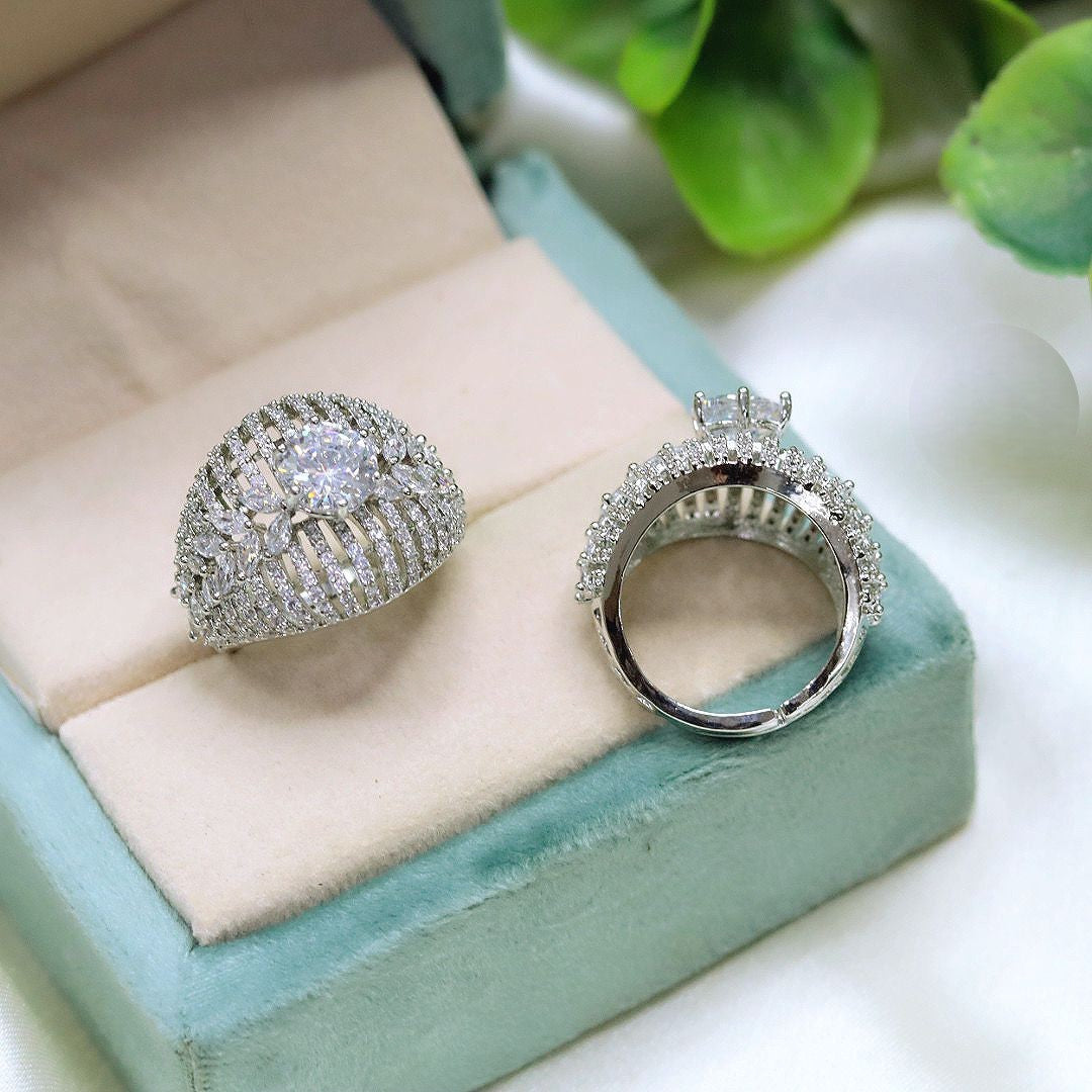 Royal Sparkling Zircon Silver-Plated Bridal Ring Set Designer Statement Jewelry for Weddings & Parties
