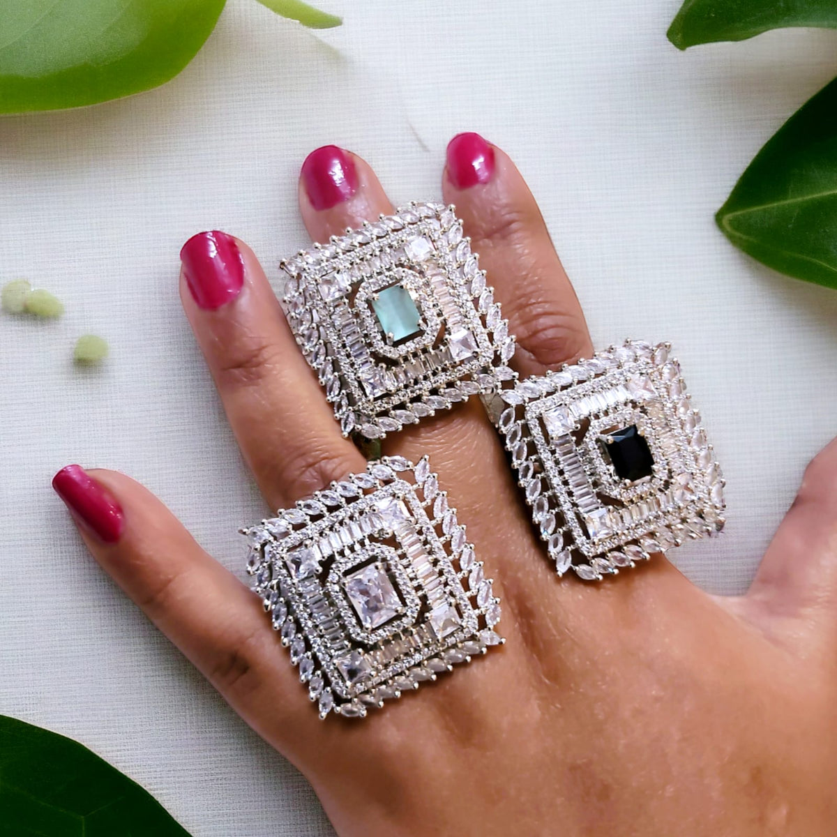Silver-Plated Adjustable Cocktail Rings with Colored Stones | Statement Party & Bridal Jewelry