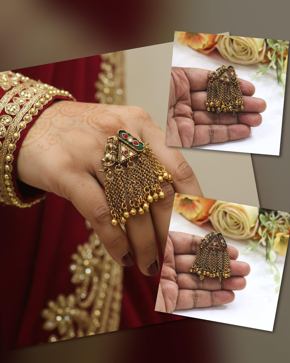 Gold-Toned Meenakari & Kundan Tassel Ring | Indian Jewellery | Parrot Motif Design | Premium Meenakari Kundan Indian Ring Set