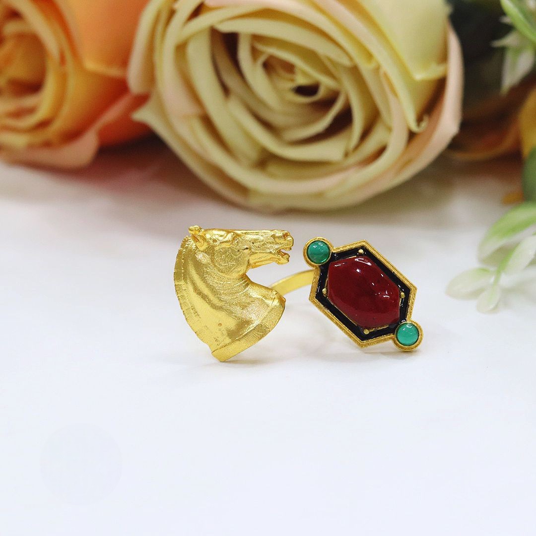 Golden Horse Head Ring | Indian Jewellery | Stone Studded Jewellery | Premium Indian Ring Set