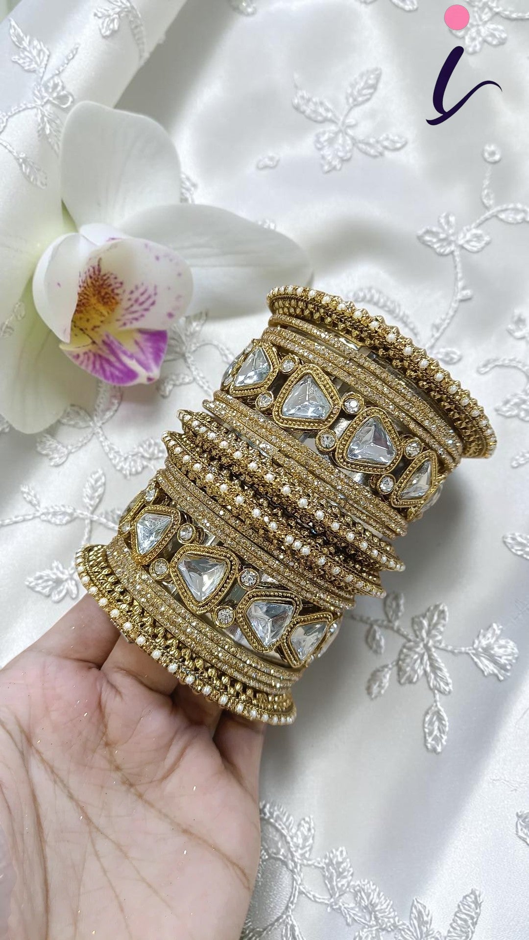 Silver Bridal Engagement Indian Bangles Pearl Floral Motifs Jhumka Accents