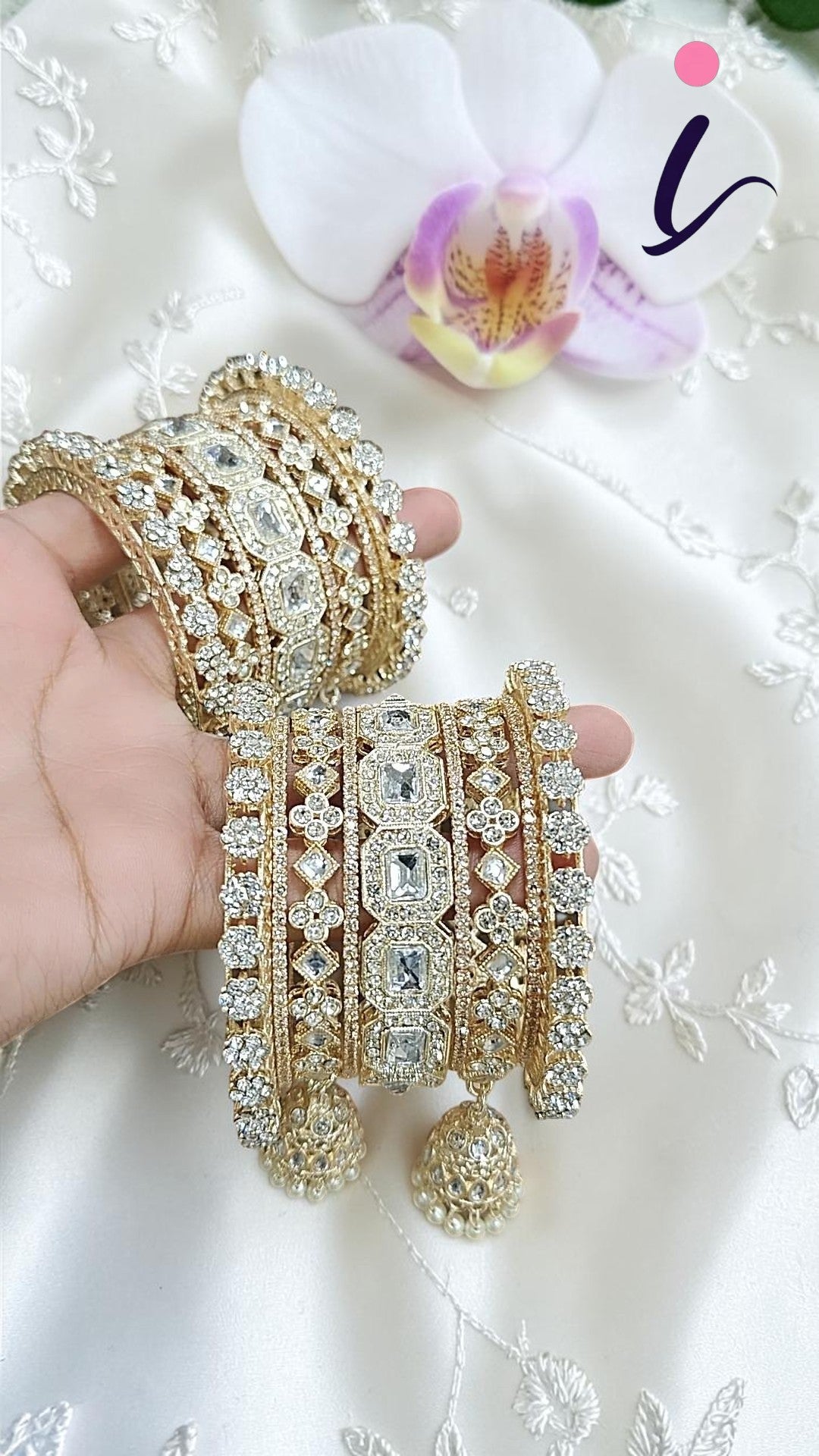 Square Style Light Golden Stone Work Bangle Jhumki With Kada Set | Pakistani Bangle Set | Pakistani Jewelry | Traditional Jewelry