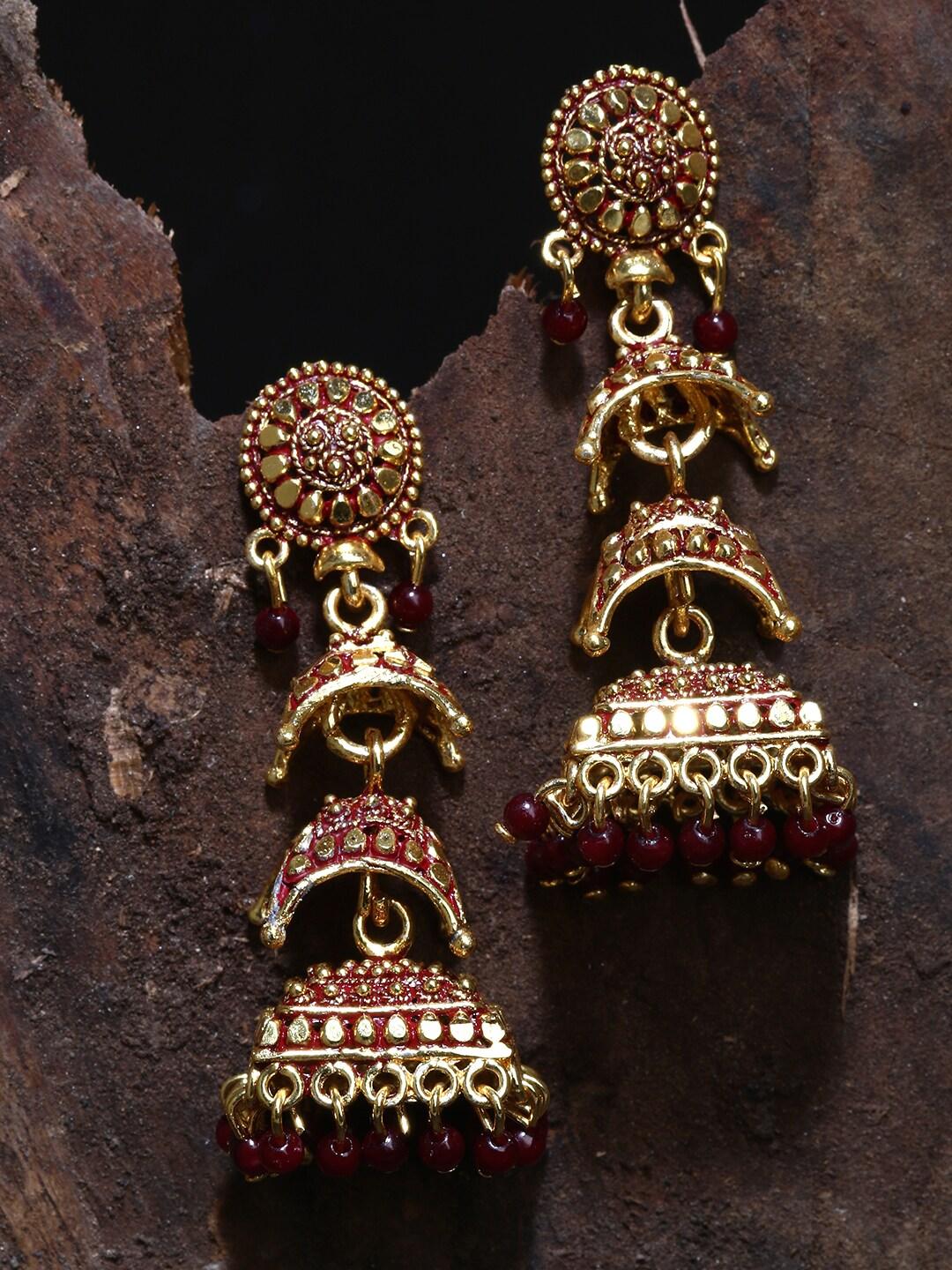 Gold Plated Enamelled 3 Floor Jhumka Earrings For Women And Girls Cubic Zirconia, Beads Alloy Jhumki Earring - Libasaa