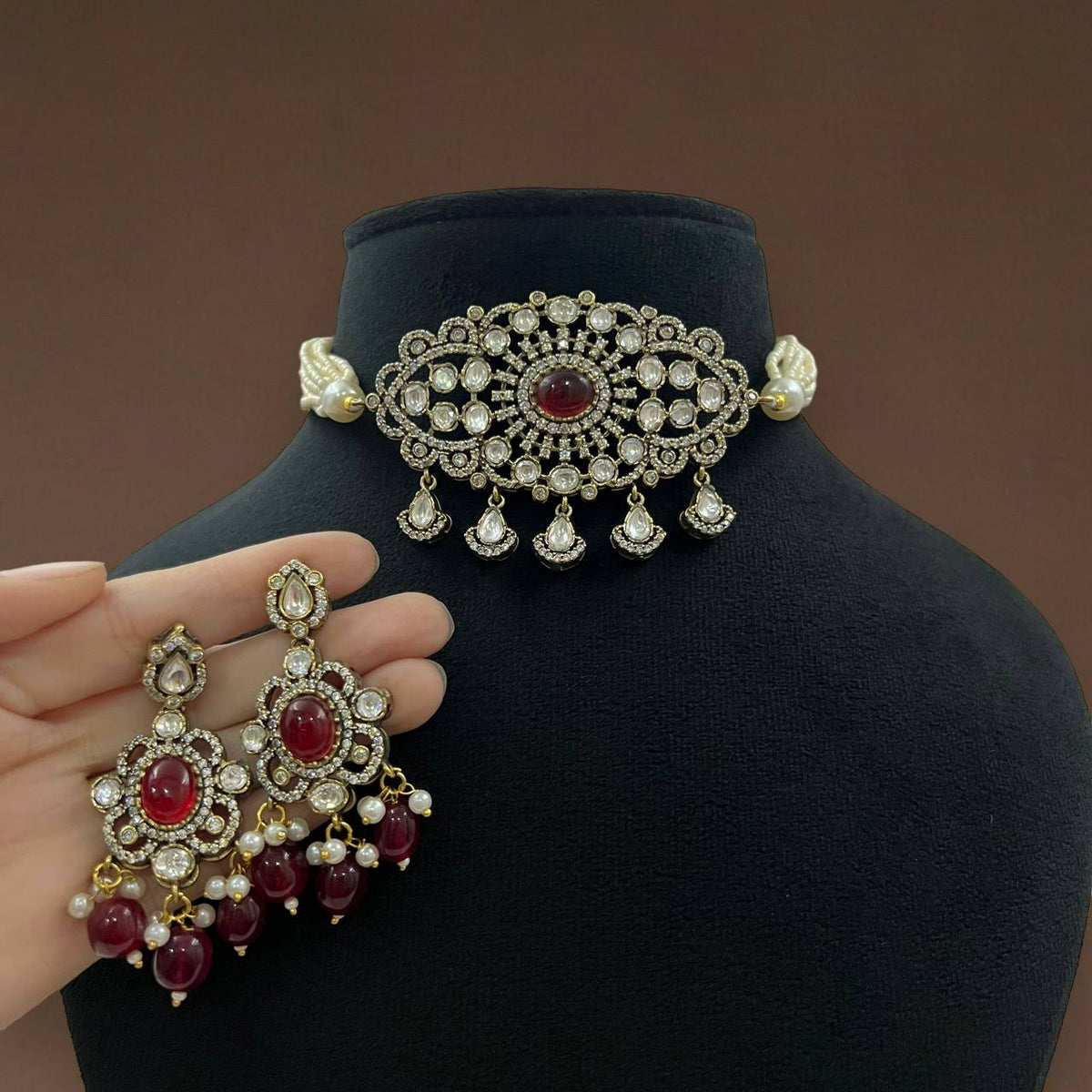 Kundan Choker Necklace Set with Pearl Drops & Earrings Bridal Jewelry Set Pakistani Necklace SetPolki Necklace