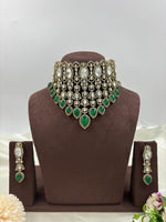 Emerald Green Kundan Choker Necklace Set with Earrings Bridal Polki Jewelry for Weddings & Festive Wear