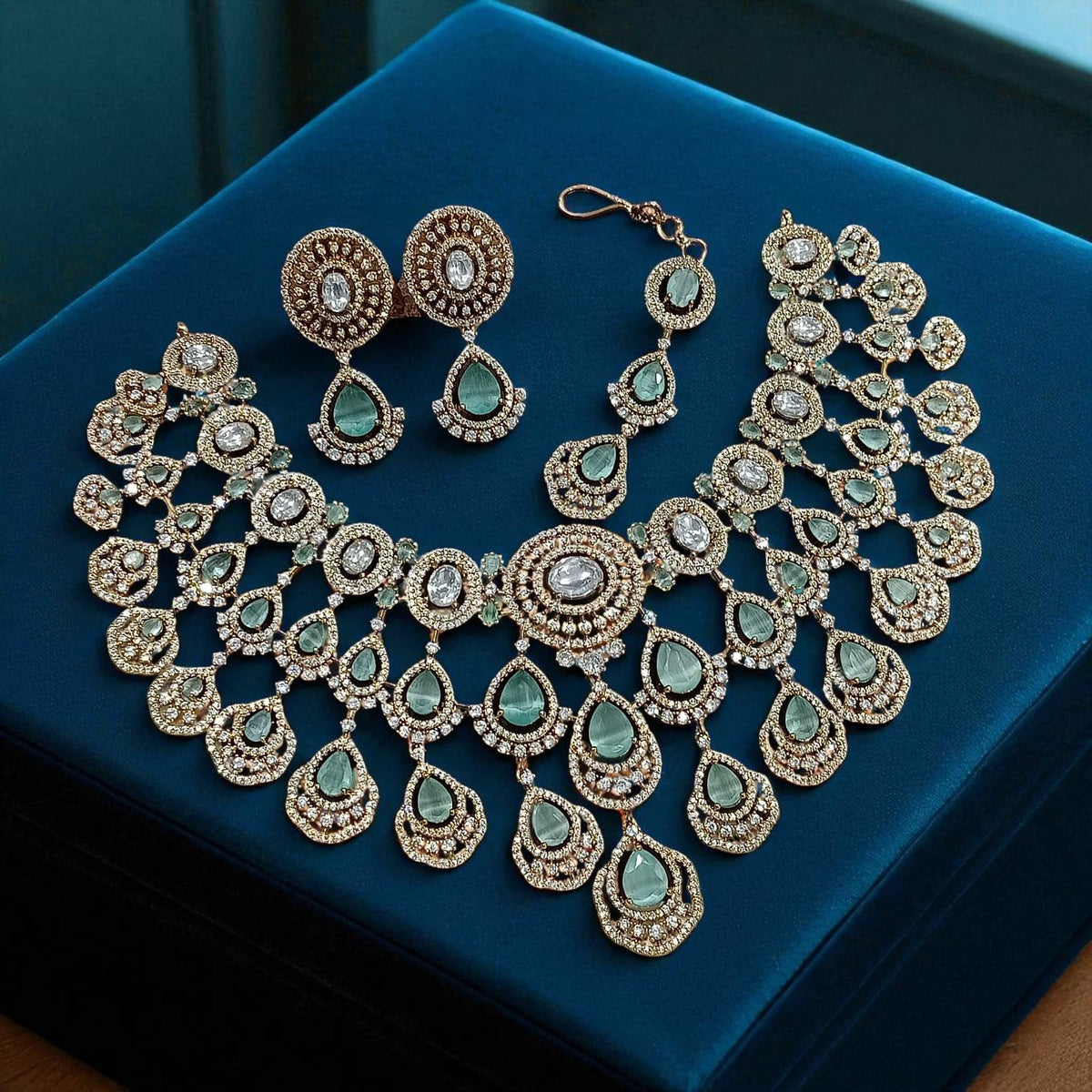 Mint Green Multi-Layered Kundan Bridal Necklace Set with Earrings & Maang Tikka – Heavy Polki Wedding Jewelry